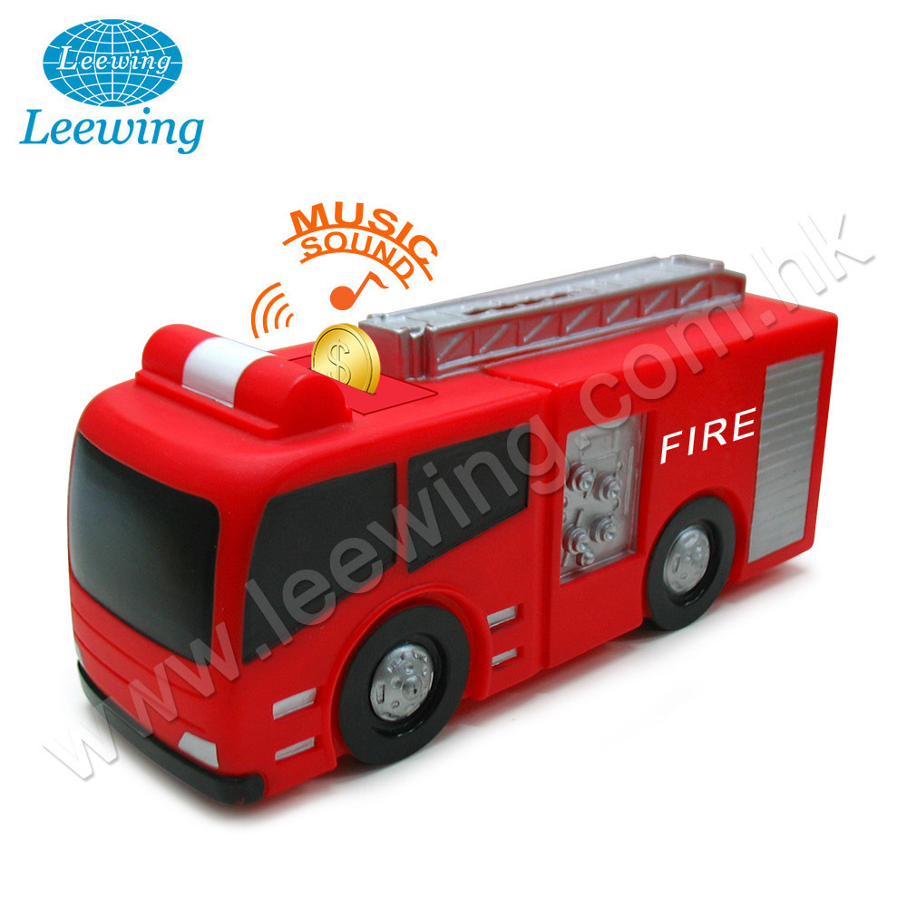 Plastic PVC Sound Fire Engine Truck Car Music Coin Bank Money Saving Box