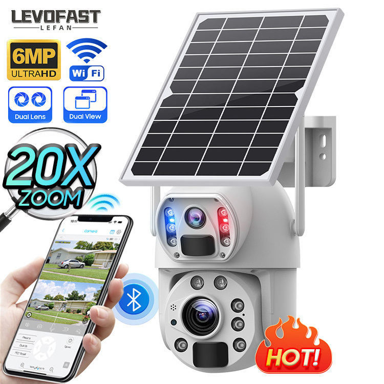 LEVOFAST New Dual Lens 20x Optical Zoom Solar battery PTZ Camera Solar Powered Security System Outdoor IP66 with metal casing