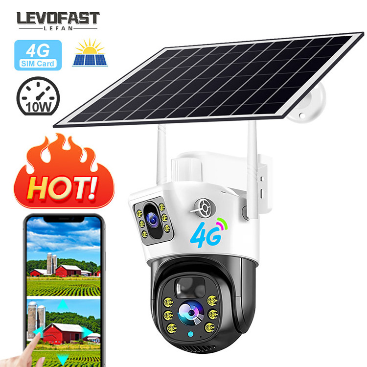 LEVOFAST 4MP Security 4G Sim Card Dual Lens Camera  Outdoor Wireless 4G Solar Battery CCTV PTZ WIFI Camera with 10W Solar Panel