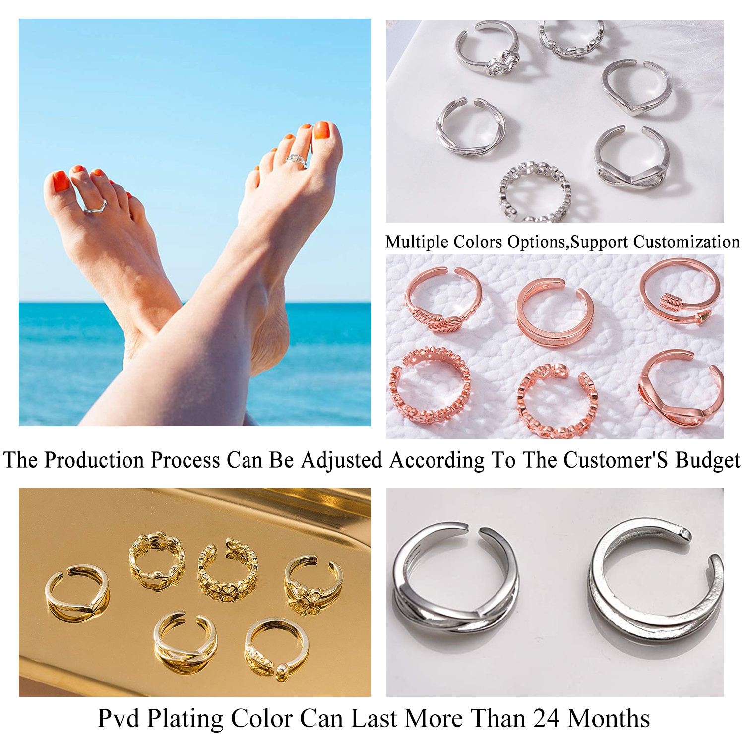 Stainless Steel Custom Adjustable Beach Simple 14K Women Men Foot High Quality Non Tarnish Open New Design Silver Toe Ring Set