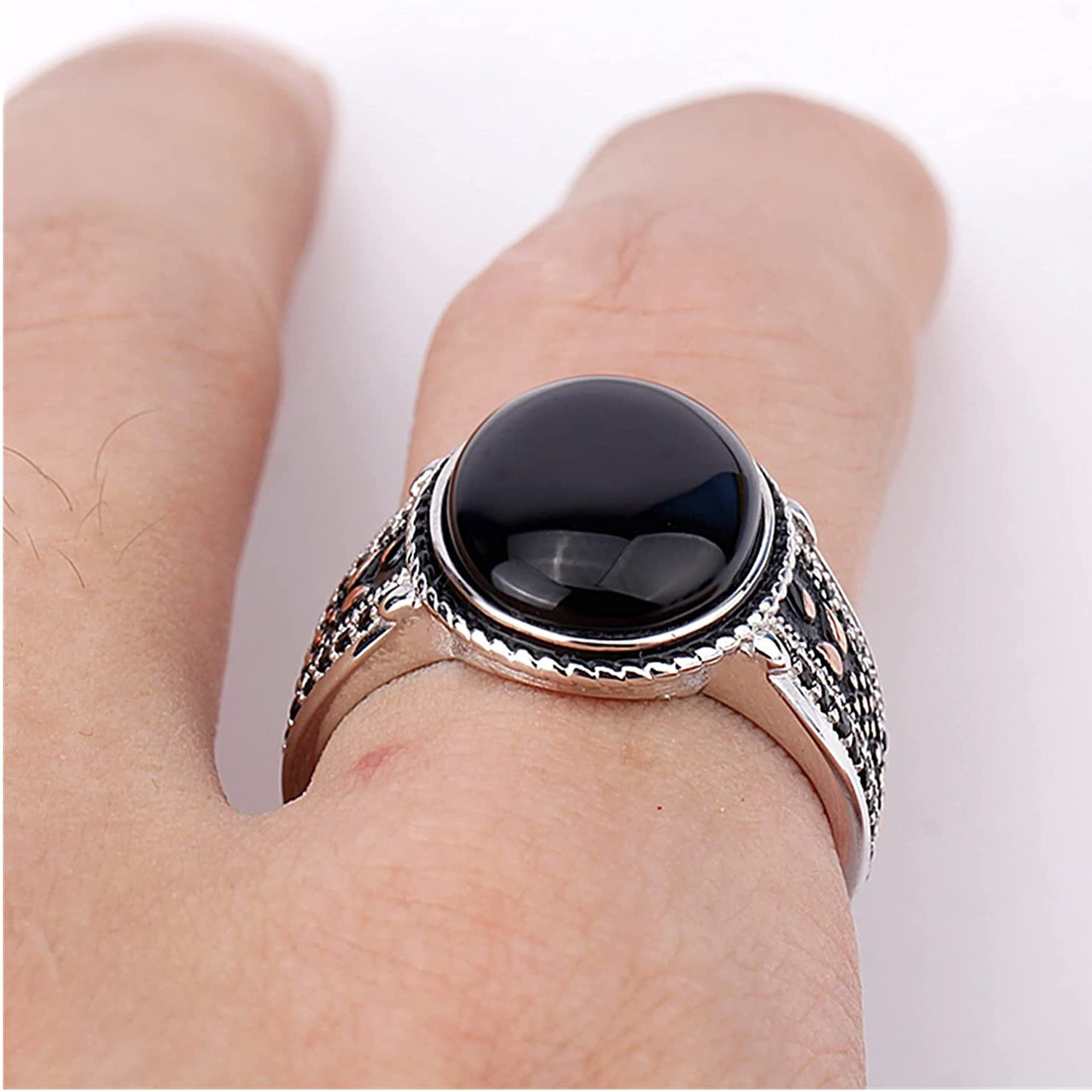 Luxury Custom Eagle Design Heavy Jewelry Oval Black Solid Stone Gemstone Stainless Steel Men Zircon Ring