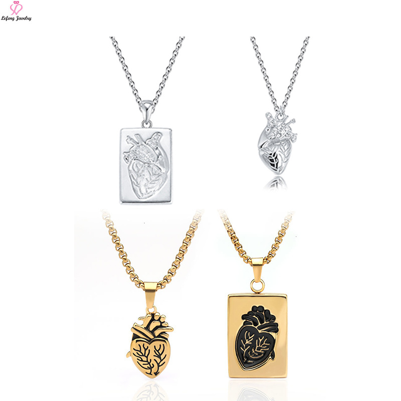 Lefeng Custom Fashion Hip Hop Stainless Steel Silver Gold Plated Men Statement Anatomical Heart Punk Rectangle Couple Necklace