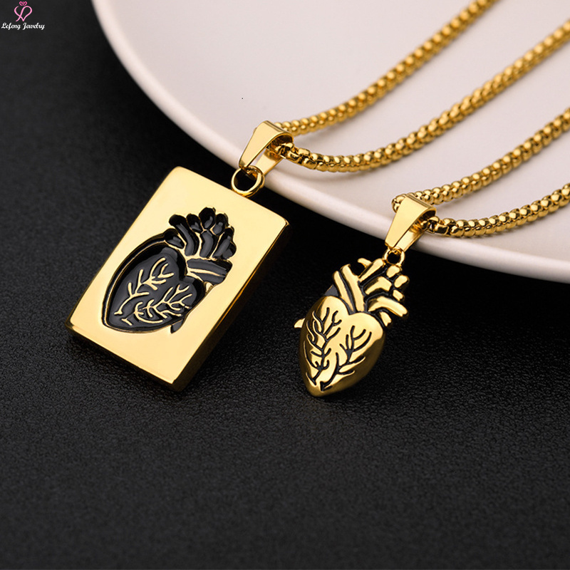 Lefeng Custom Fashion Hip Hop Stainless Steel Silver Gold Plated Men Statement Anatomical Heart Punk Rectangle Couple Necklace