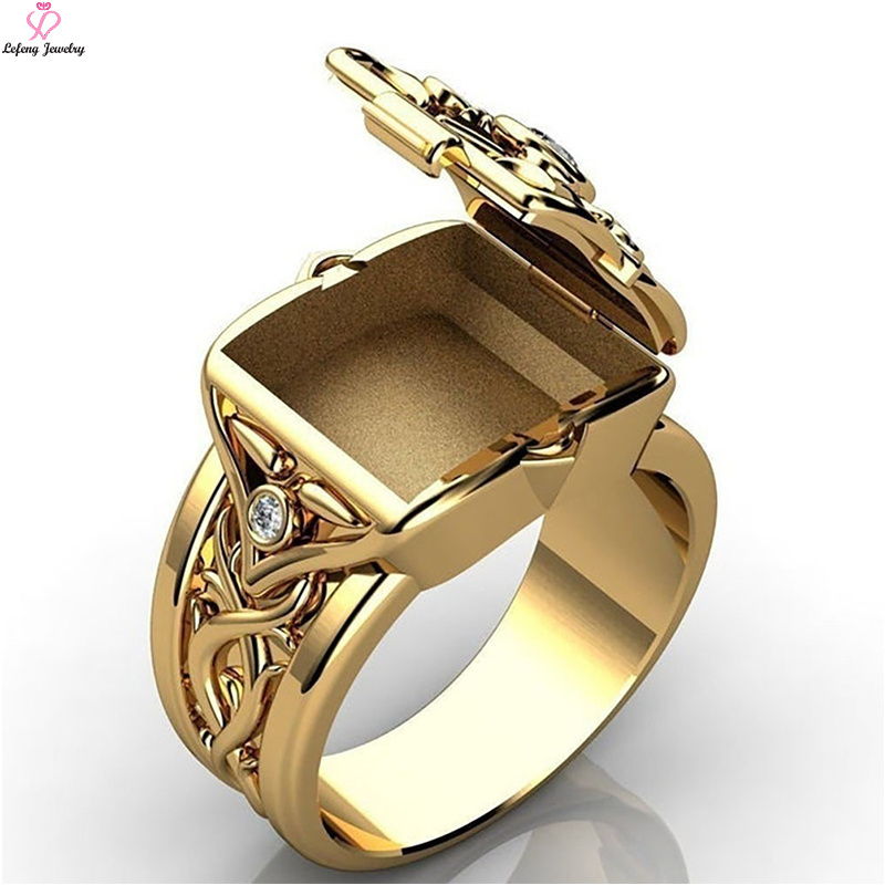 Lefeng Hip Hop High Quality Creativity Stainless Steel 18K Gold Plated Jewelry Men'S Box Flip Open Locket Ring