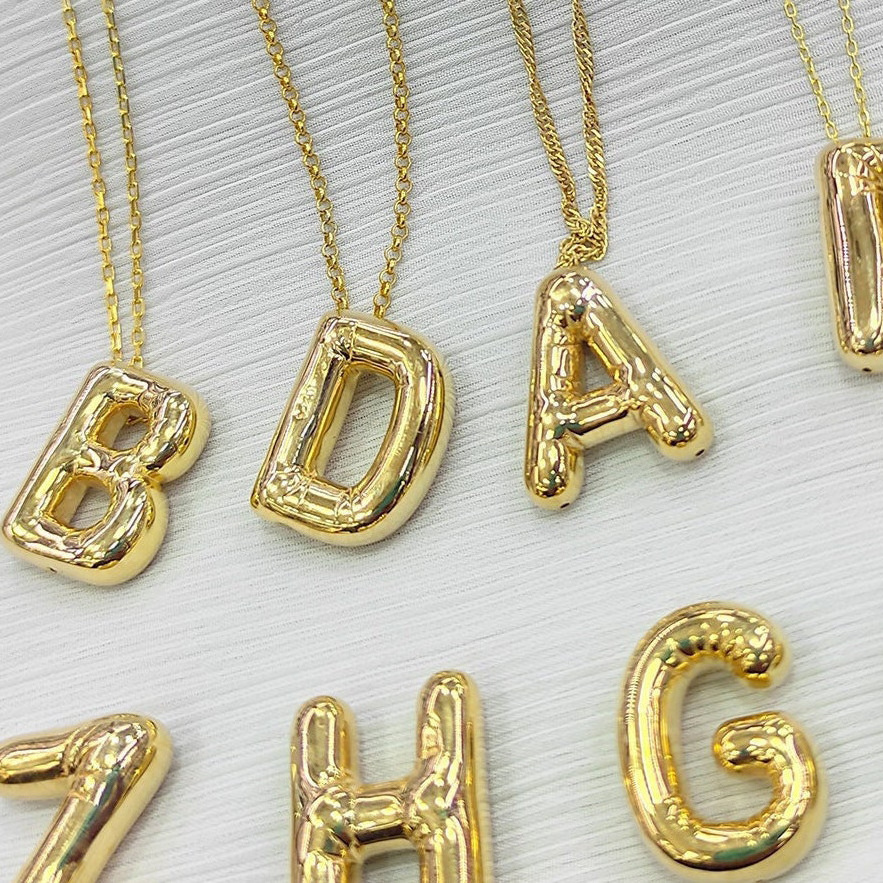 Lefeng Gold Plated Stainless Steel Chunky Alphabet Chubby Helium Balloon Bubble Initial Letter Pendant Necklace for Women Boy