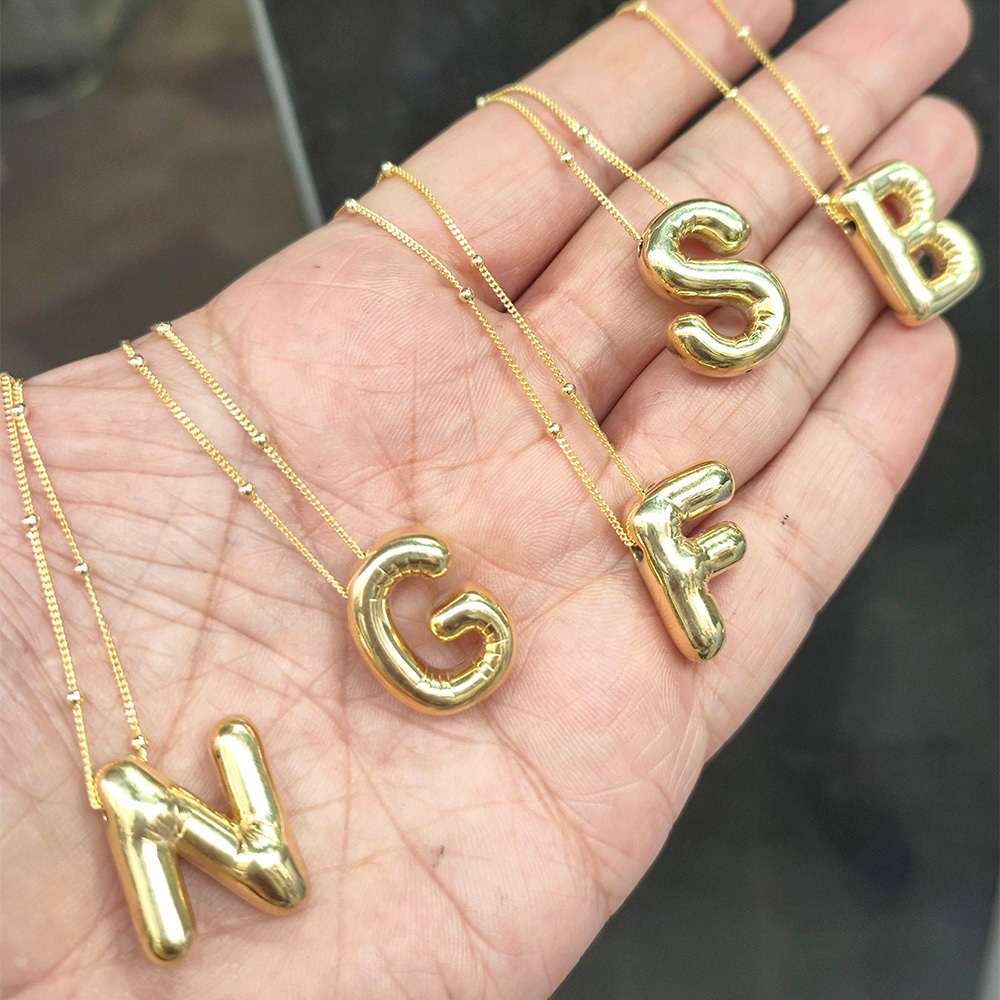 Lefeng Gold Plated Stainless Steel Chunky Alphabet Chubby Helium Balloon Bubble Initial Letter Pendant Necklace for Women Boy