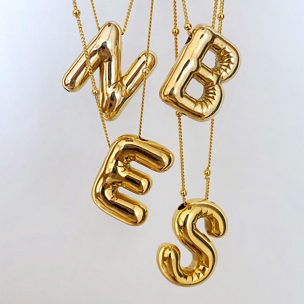 Lefeng Gold Plated Stainless Steel Chunky Alphabet Chubby Helium Balloon Bubble Initial Letter Pendant Necklace for Women Boy