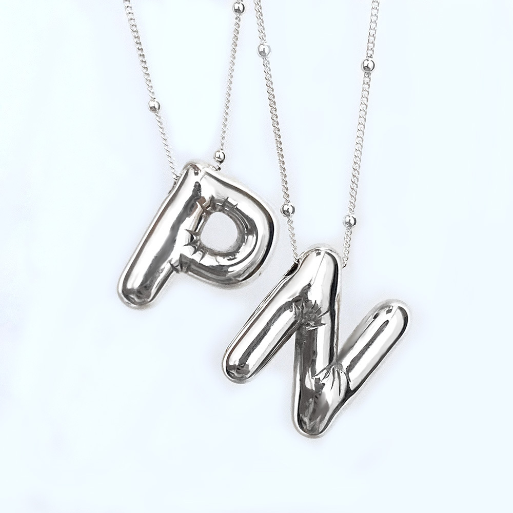 Lefeng Gold Plated Stainless Steel Chunky Alphabet Chubby Helium Balloon Bubble Initial Letter Pendant Necklace for Women Boy