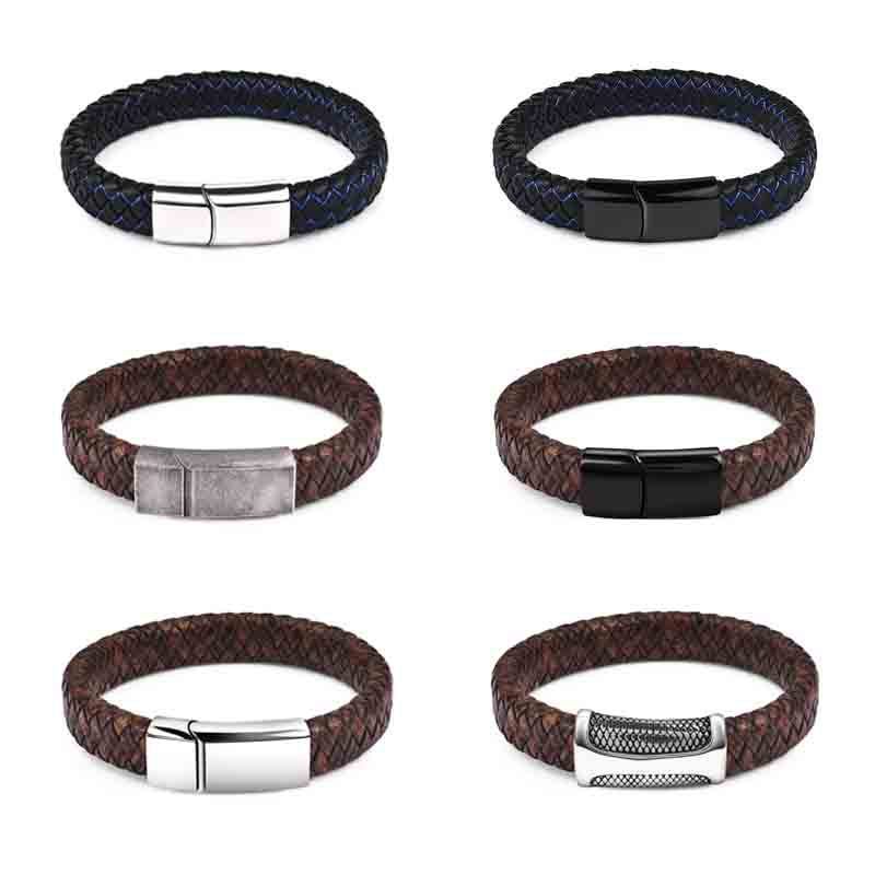 Lefeng Jewelry Custom 316l Stainless Steel Simple Style Magnetic Buckle Braided Leather Bracelets for Men OEM Manufacturer