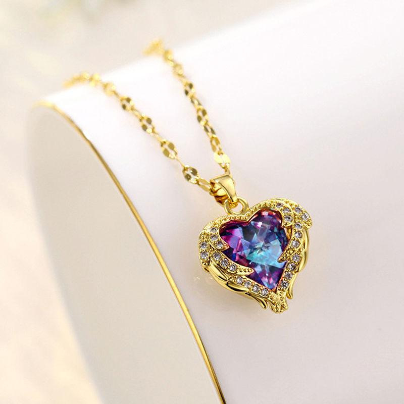 Lefeng Custom Silver Gold Plated Stainless Steel Love Heart Necklace Crystal Stone Heart Pendant Necklace