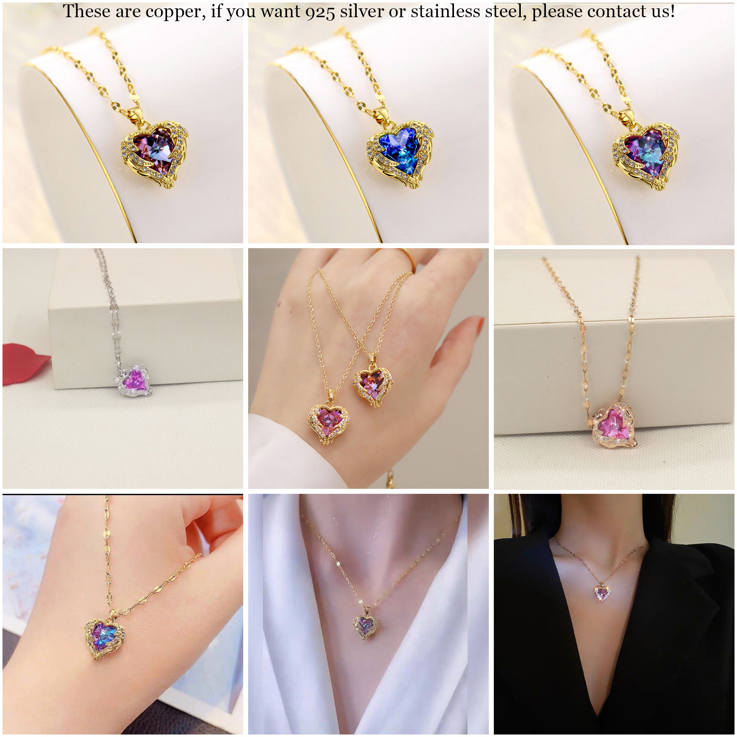 Lefeng Custom Silver Gold Plated Stainless Steel Love Heart Necklace Crystal Stone Heart Pendant Necklace