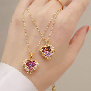 Lefeng Custom Silver Gold Plated Stainless Steel Love Heart Necklace Crystal Stone Heart Pendant Necklace