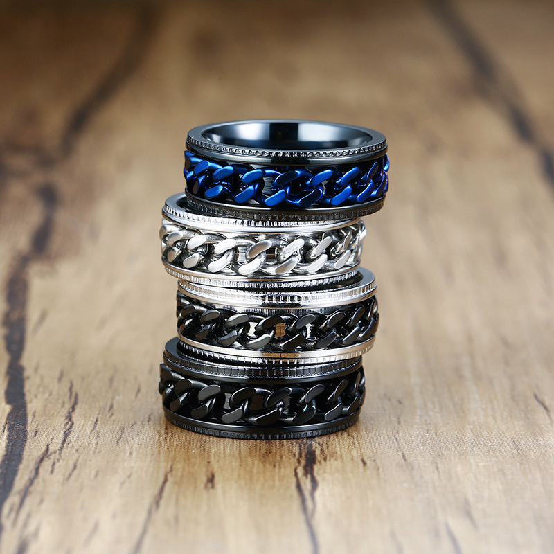 Stainless Steel Signet Chain Spinner Rings For Women Men Blue Gold Black Punk Rock Anxiety Fidget Rings Accessories Jewelry