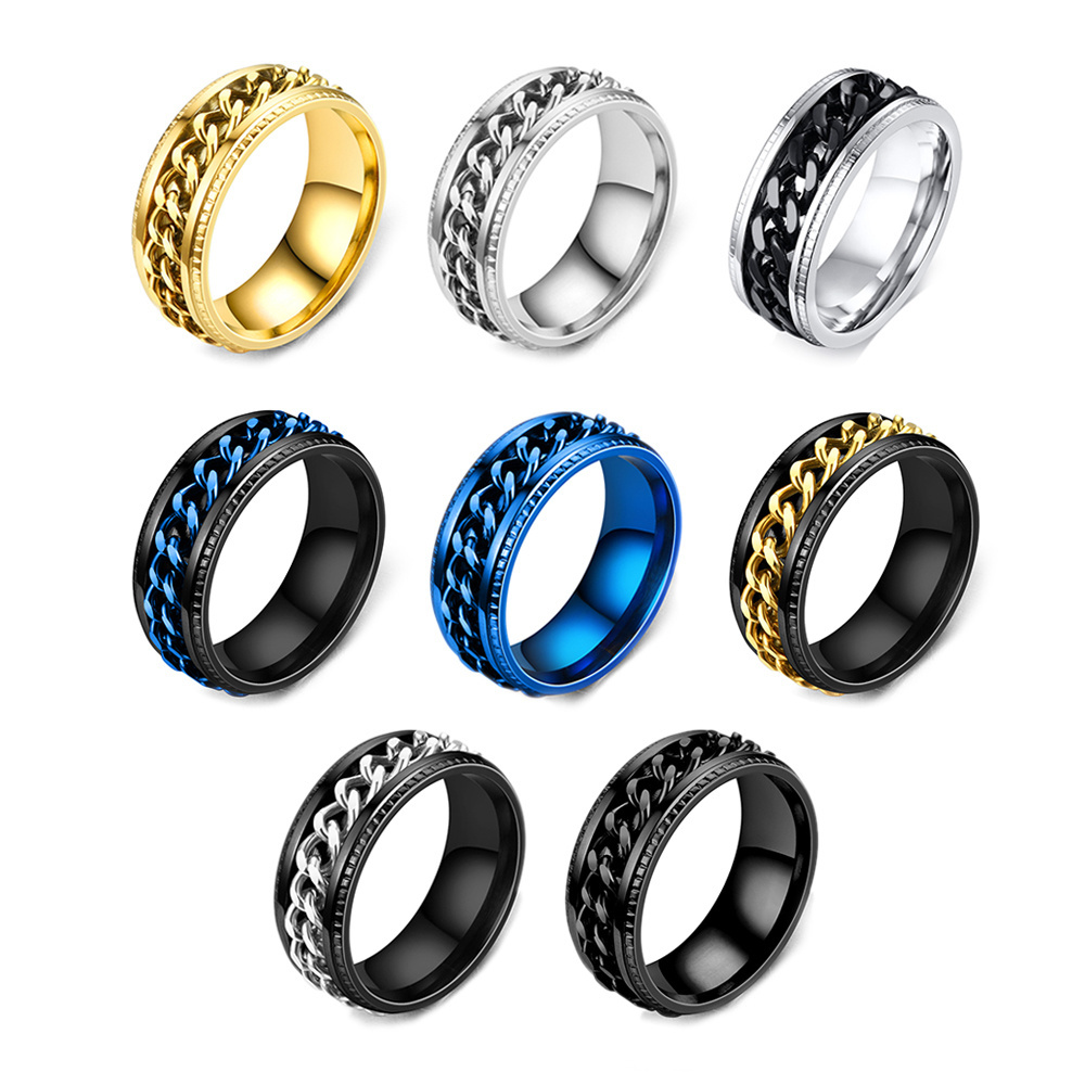 Stainless Steel Signet Chain Spinner Rings For Women Men Blue Gold Black Punk Rock Anxiety Fidget Rings Accessories Jewelry