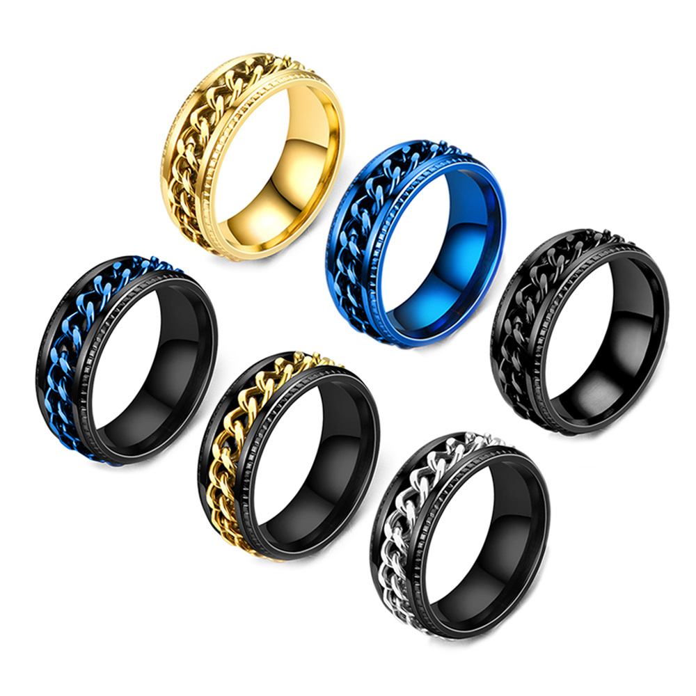 Stainless Steel Signet Chain Spinner Rings For Women Men Blue Gold Black Punk Rock Anxiety Fidget Rings Accessories Jewelry