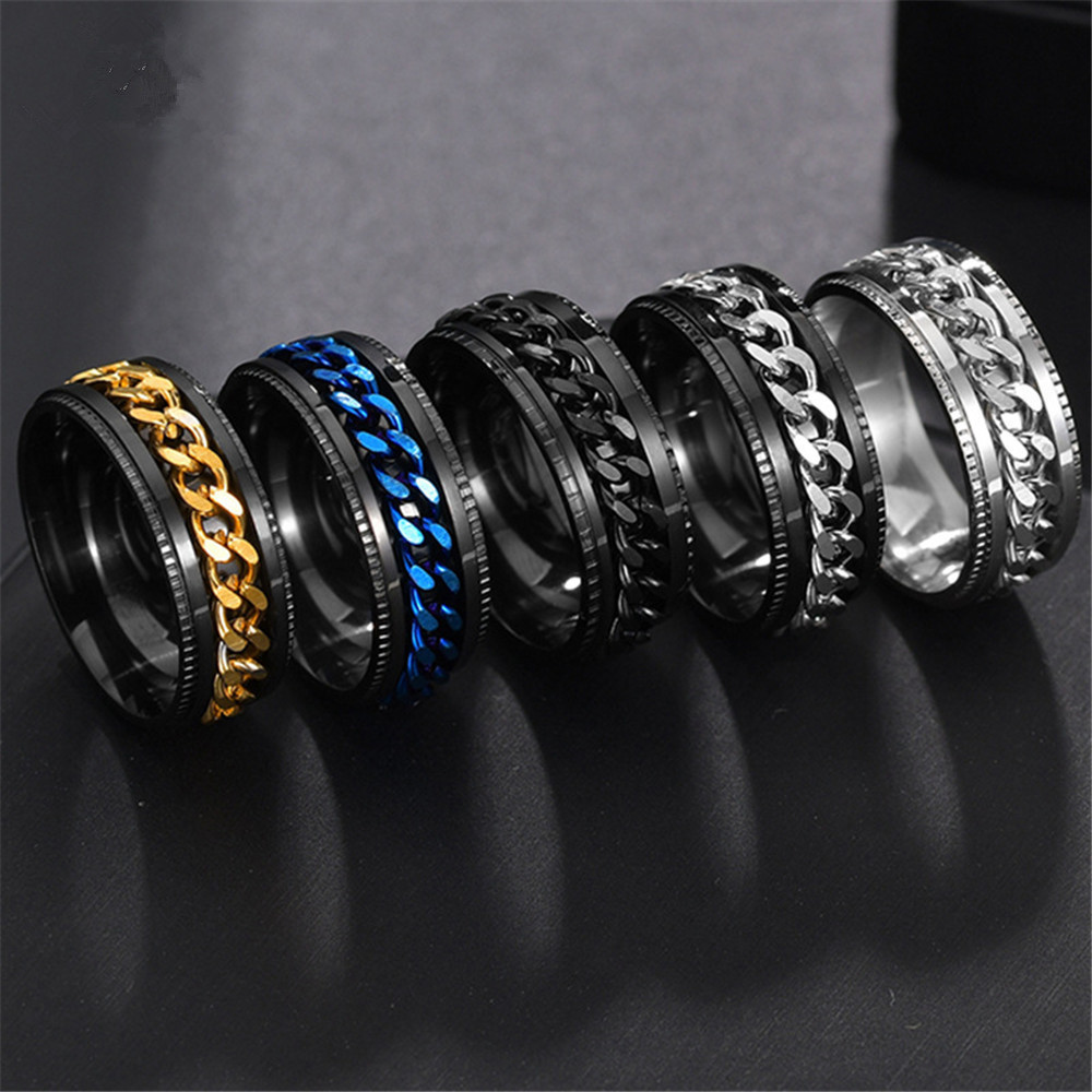 Stainless Steel Signet Chain Spinner Rings For Women Men Blue Gold Black Punk Rock Anxiety Fidget Rings Accessories Jewelry