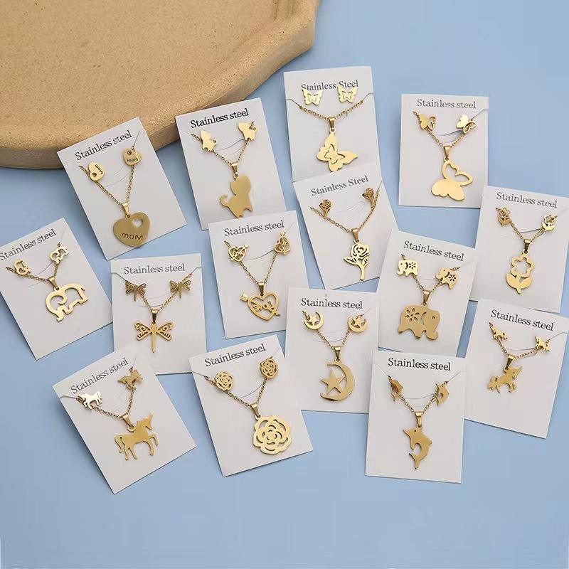 Wholesale Cheap Women Girls Stainless Steel Jewelry 18k gold necklace Pendant and Stud Earrings Jewelry set