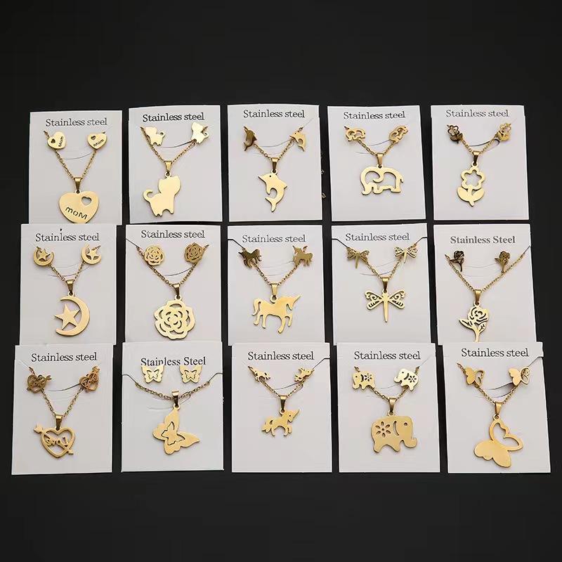 Wholesale Cheap Women Girls Stainless Steel Jewelry 18k gold necklace Pendant and Stud Earrings Jewelry set