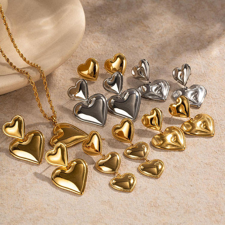 Wholesale Love Heart Drop Earring and Necklace Set Geometric Shape Stainless Steel 18K Gold Plated Women Jewelry Manufacturer