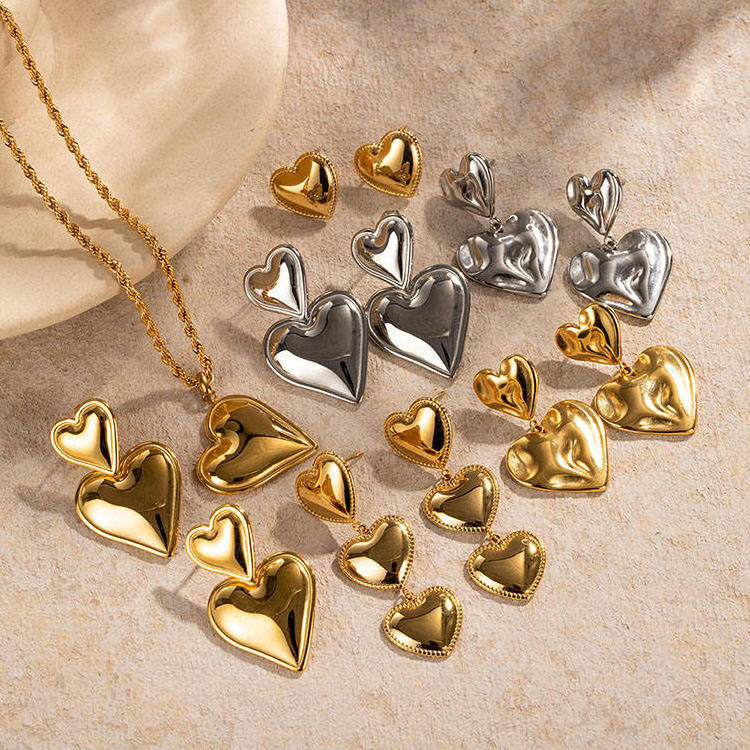 Wholesale Love Heart Drop Earring and Necklace Set Geometric Shape Stainless Steel 18K Gold Plated Women Jewelry Manufacturer