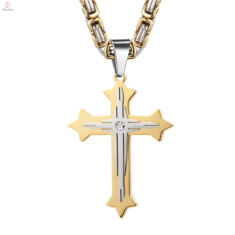 Men Personality Byzantine Chain Crystal Classic Punk Stainless Steel Cross Pendant Necklace