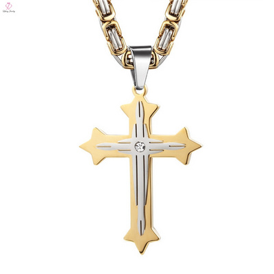 Men Personality Byzantine Chain Crystal Classic Punk Stainless Steel Cross Pendant Necklace