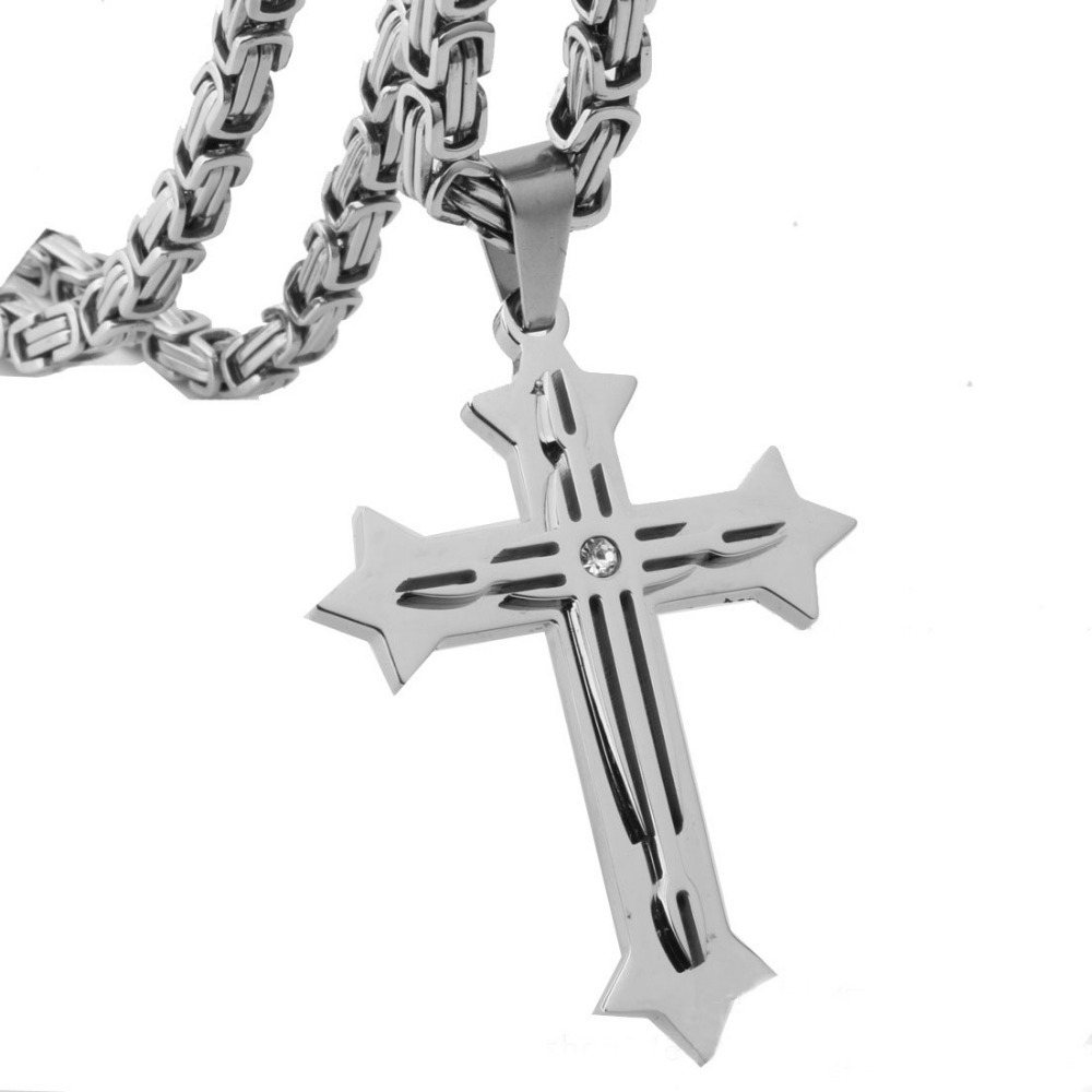 Men Personality Byzantine Chain Crystal Classic Punk Stainless Steel Cross Pendant Necklace