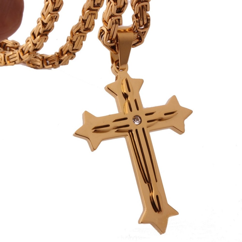 Men Personality Byzantine Chain Crystal Classic Punk Stainless Steel Cross Pendant Necklace