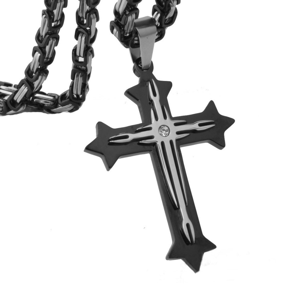 Men Personality Byzantine Chain Crystal Classic Punk Stainless Steel Cross Pendant Necklace