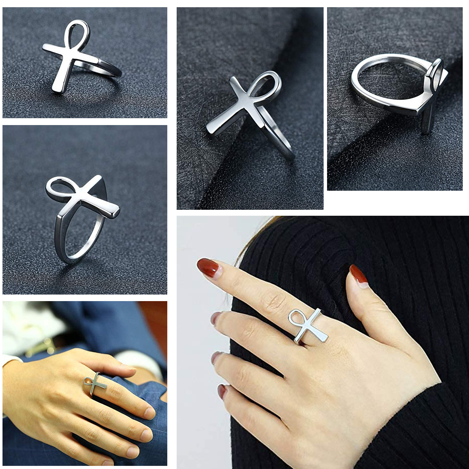 Ankh cross ring design jewelry crystal black rose gold plated women men 925 sterling silver engagement rings