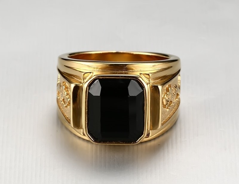 Fashion Finger Ring Jewelry Stainless Steel Custom Gold Plated Square Rhinestone Stone Men Black Ring