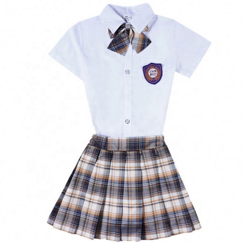 LF Custom Summer Design Short Sleeve Cotton Shirts And Plaid Pleated Skirts Check School Uniform