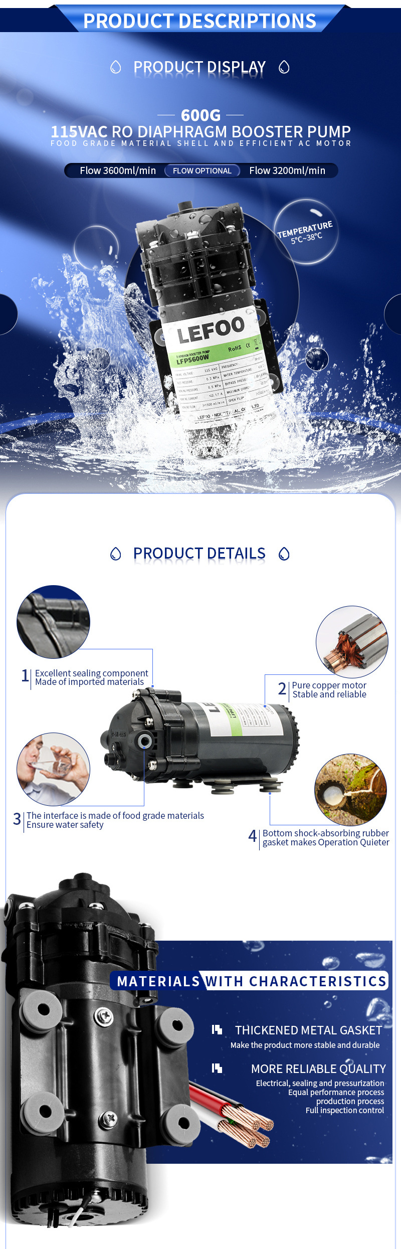 LEFOO 115V AC Bomba 600GPD Diaphragm Booster Water 0.2MPa Inlet Pressure RO AC Motor RO water pump