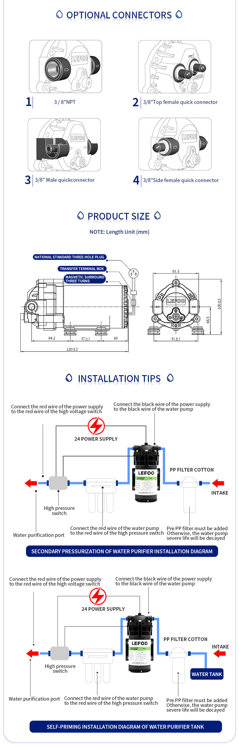 LEFOO 115V AC Bomba 600GPD Diaphragm Booster Water 0.2MPa Inlet Pressure RO AC Motor RO water pump