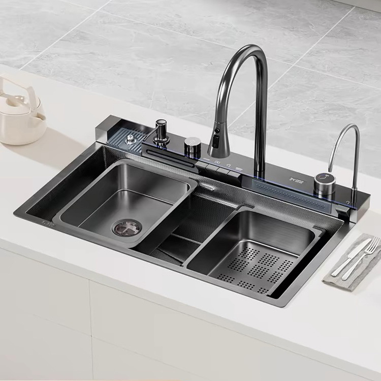 Led Digital Display Double Waterfall Fly Rain Pull-Out Faucet 304 Stainless Steel Black Nano Smart Kitchen Sink With Cup Washer