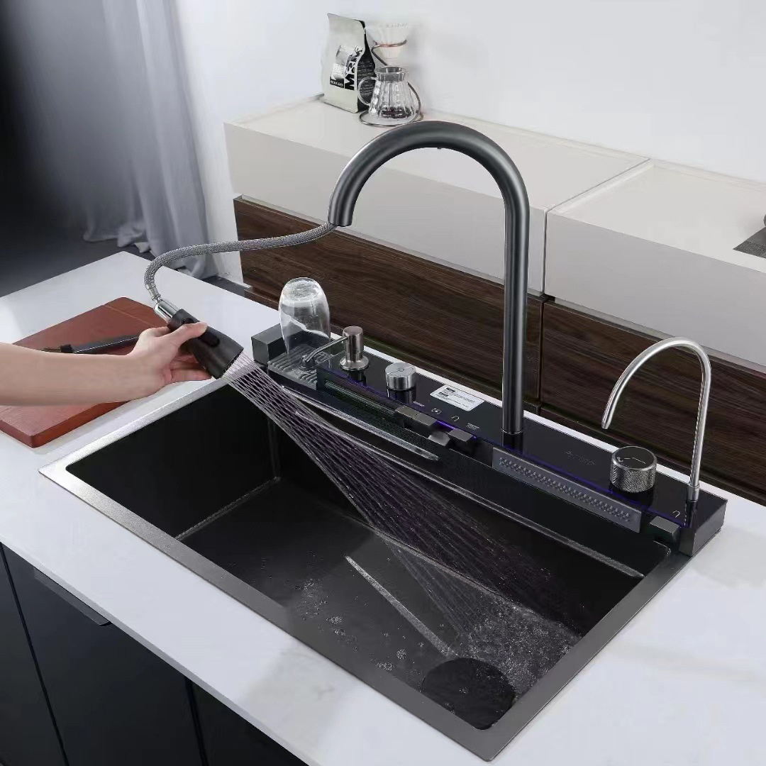 Led Digital Display Double Waterfall Fly Rain Pull-Out Faucet 304 Stainless Steel Black Nano Smart Kitchen Sink With Cup Washer