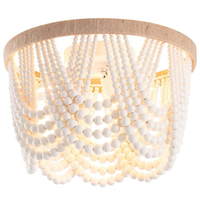 White Small Flush Mount Boho Bohemia Wood Beaded Ceiling Light Lamp Wood Beaded Chandelier for Nursery Girl Room Kids Room