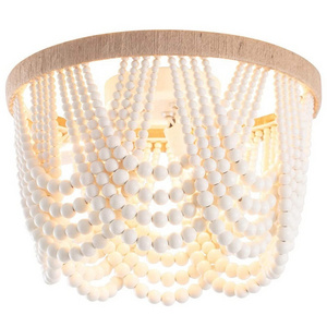 White Small Flush Mount Boho Bohemia Wood Beaded Ceiling Light Lamp Wood Beaded Chandelier for Nursery Girl Room Kids Room