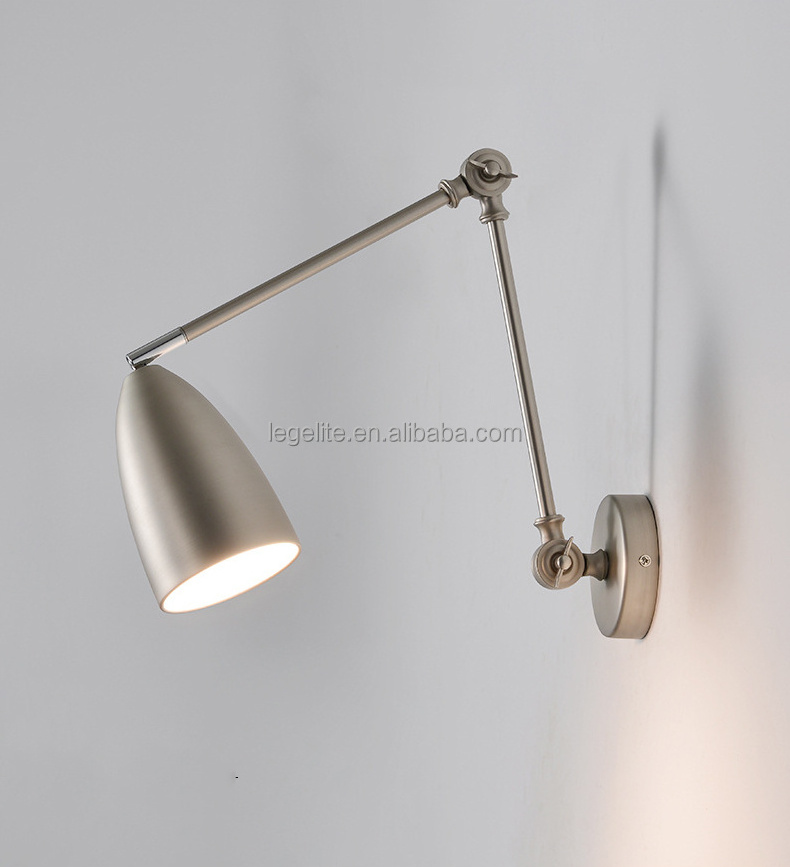 Modern Industrial Rotating Pole Adjustable Swing Arm Wall Lamps Brushed Nickel Wall Light Fixture Metal Shade Wall Sconce Lamp