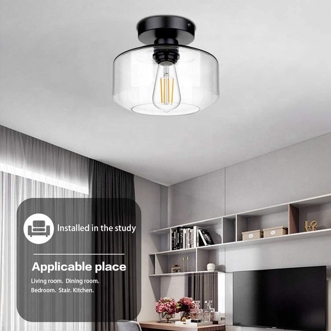 Modern Farmhouse E26 E27 Black Clear Glass Semi Flush Mount Ceiling Light Fixture