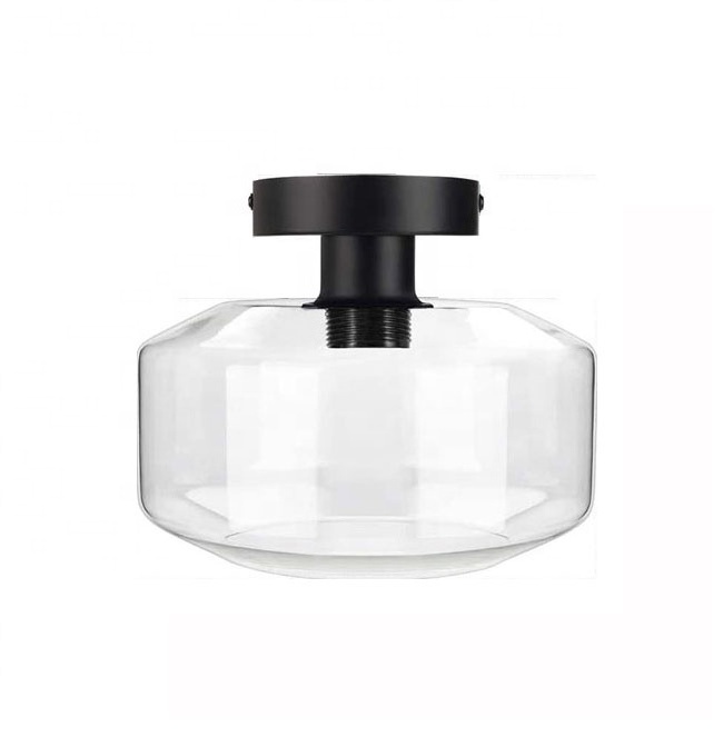 Modern Farmhouse E26 E27 Black Clear Glass Semi Flush Mount Ceiling Light Fixture