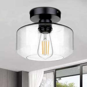 Modern Farmhouse E26 E27 Black Clear Glass Semi Flush Mount Ceiling Light Fixture