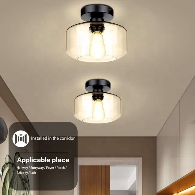 Modern Farmhouse E26 E27 Black Clear Glass Semi Flush Mount Ceiling Light Fixture