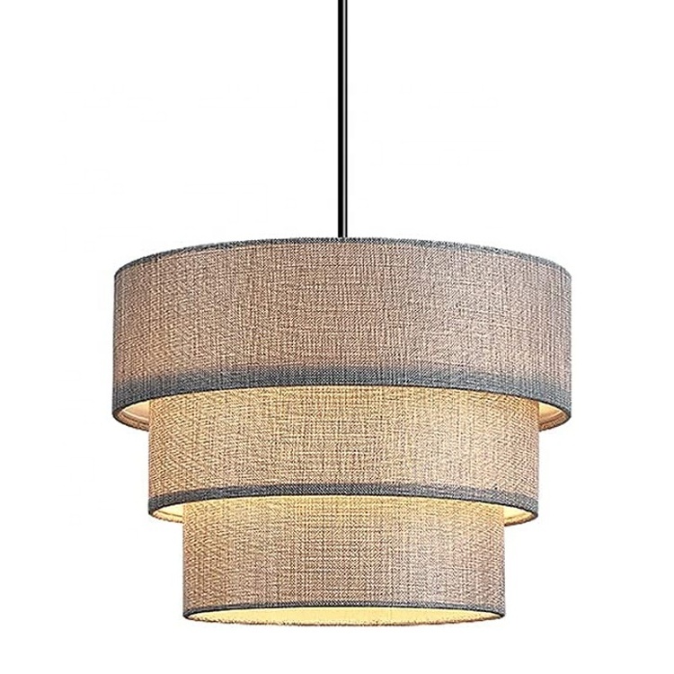 Handcrafted Natural Linen 3 Tier Drum Fabric Lampshade Hanging Pendant Light