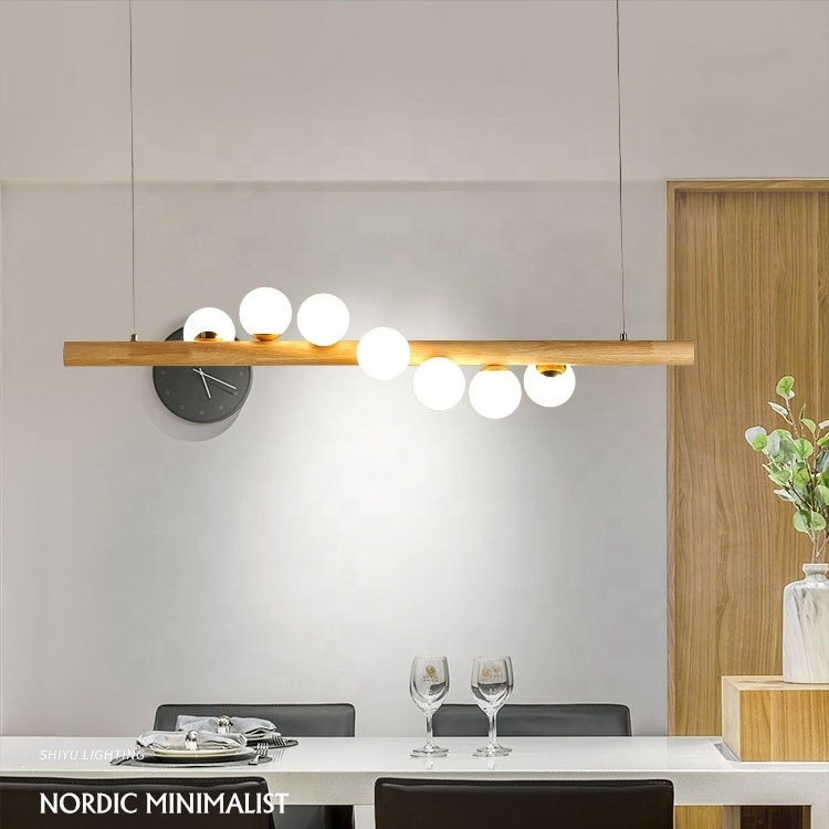 Contemporary Wood Linear Pendant Light Glass Globe 5 Light Kitchen Island Chandelier Pendant Lighting Hanging Ceiling Fixture