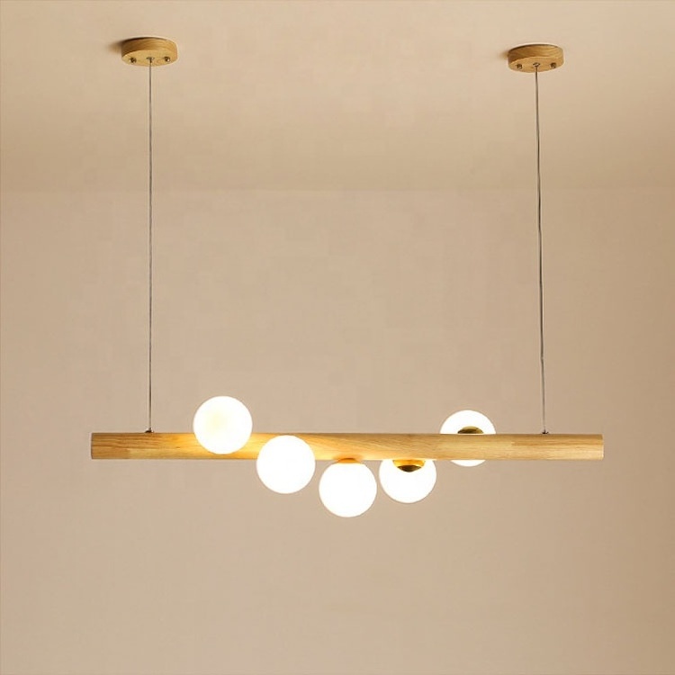 Contemporary Wood Linear Pendant Light Glass Globe 5 Light Kitchen Island Chandelier Pendant Lighting Hanging Ceiling Fixture