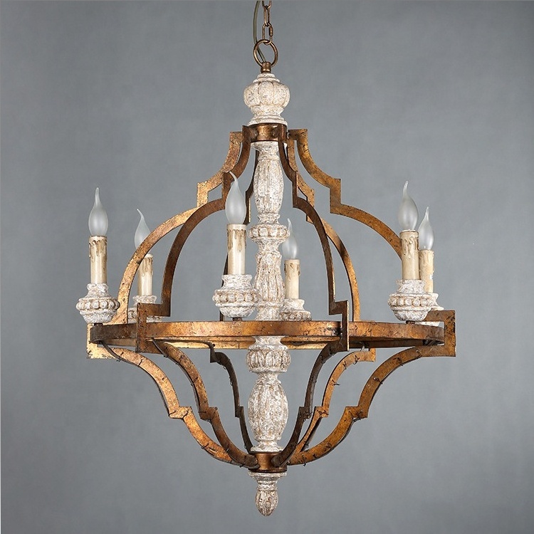 Vintage Rustic Wooden Chandelier 6 Light Retro Wood Metal Chandeliers Pendant Lamp Fixture Lighting for Kitchen Island