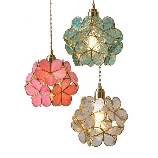 Pink Blue Japanese Luxury Brass Copper Glass Round Ball Blooming Flower Petals Ceiling Pendant Lamp Brass Chandelier Light