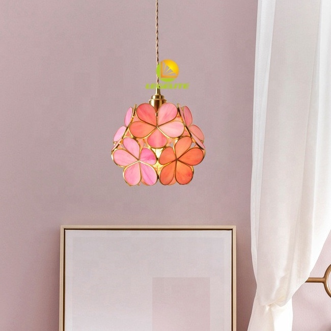 Pink Blue Japanese Luxury Brass Copper Glass Round Ball Blooming Flower Petals Ceiling Pendant Lamp Brass Chandelier Light