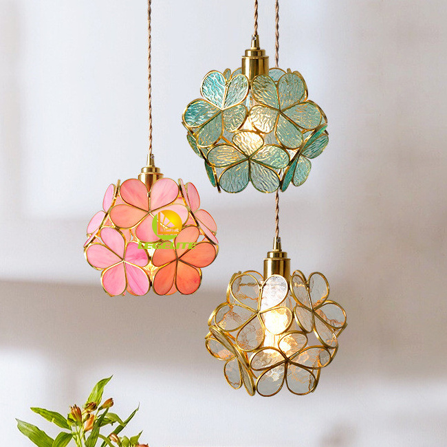 Pink Blue Japanese Luxury Brass Copper Glass Round Ball Blooming Flower Petals Ceiling Pendant Lamp Brass Chandelier Light